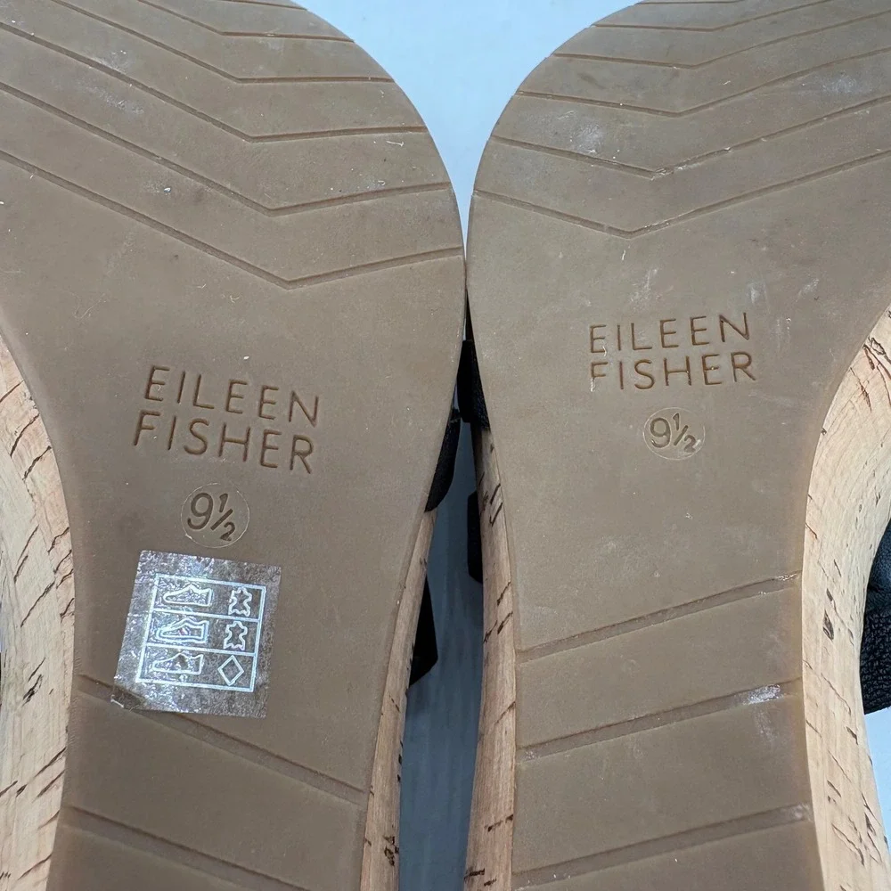 Eileen‎ Fisher Womens Black Leather Cork Platform Wedge Strappy Sandals Size 9.5